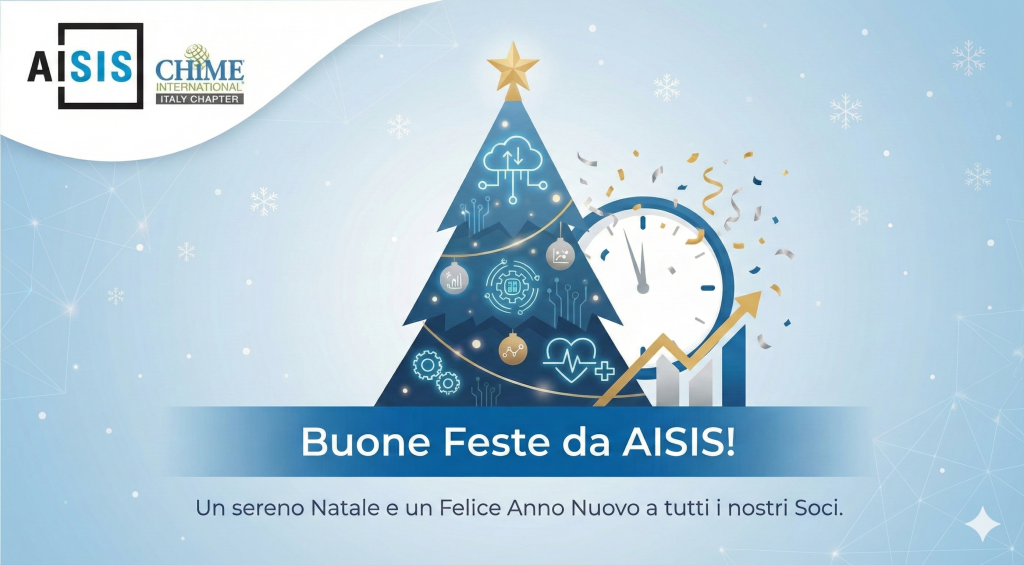 Grafica natalizia con gli auguri di AISIS. UN sereno Natale e un felice anno nuovo a tutti i soci.