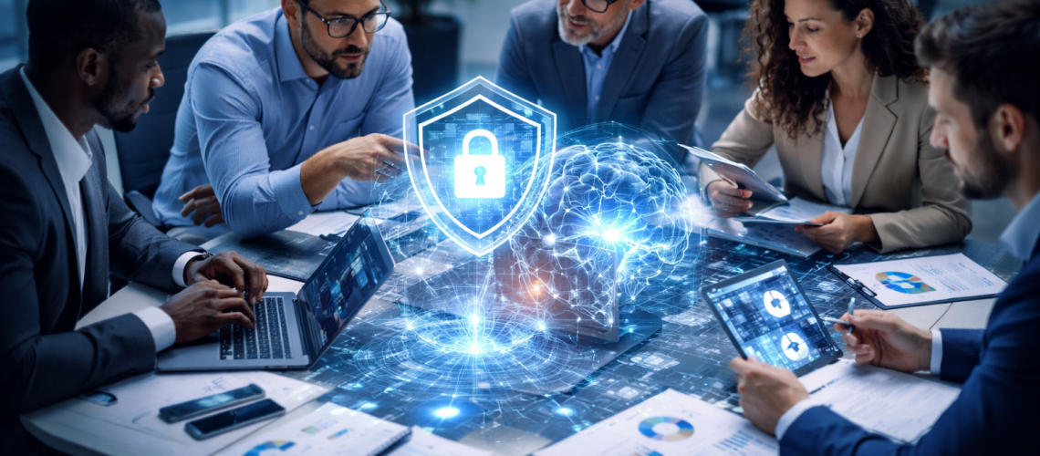 5 professionisti dibattono attorno ad un tavolo digitale e futuristico. Immagine rappresentativa non realistica, generata con AI