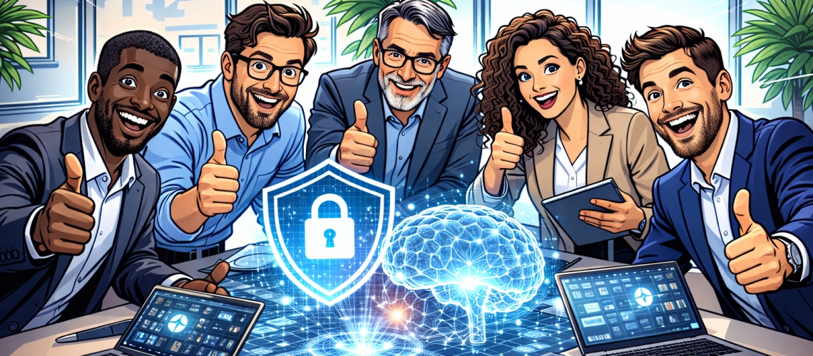 5 professionisti dibattono attorno ad un tavolo digitale e futuristico. Immagine rappresentativa non realistica, generata con AI