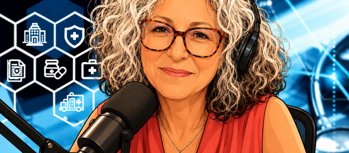 Luisa Cattaneo al microfono con cuffie, in un’illustrazione dedicata ad AISIS TALK sulla sanità digitale. Immagine generata con AI